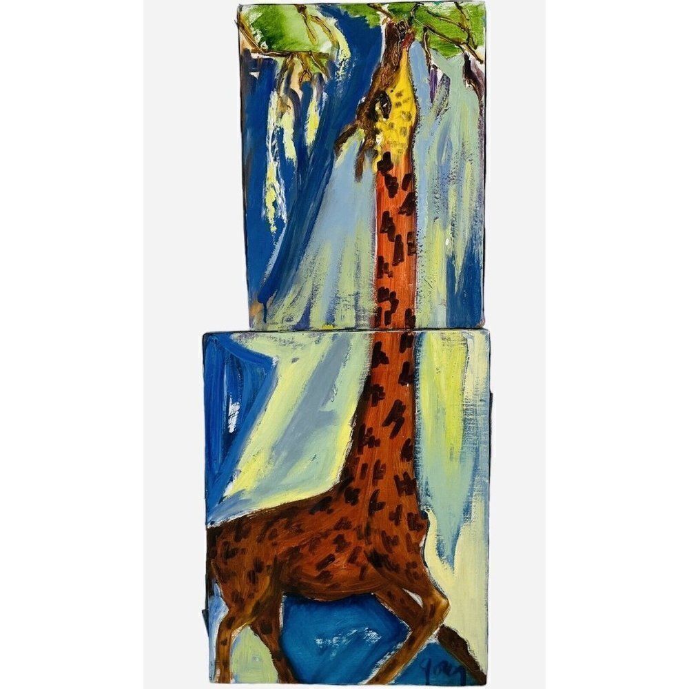 Vintage Artisan Original Giraffe Two Piece Painting Folk Art Hand Painted OOAK